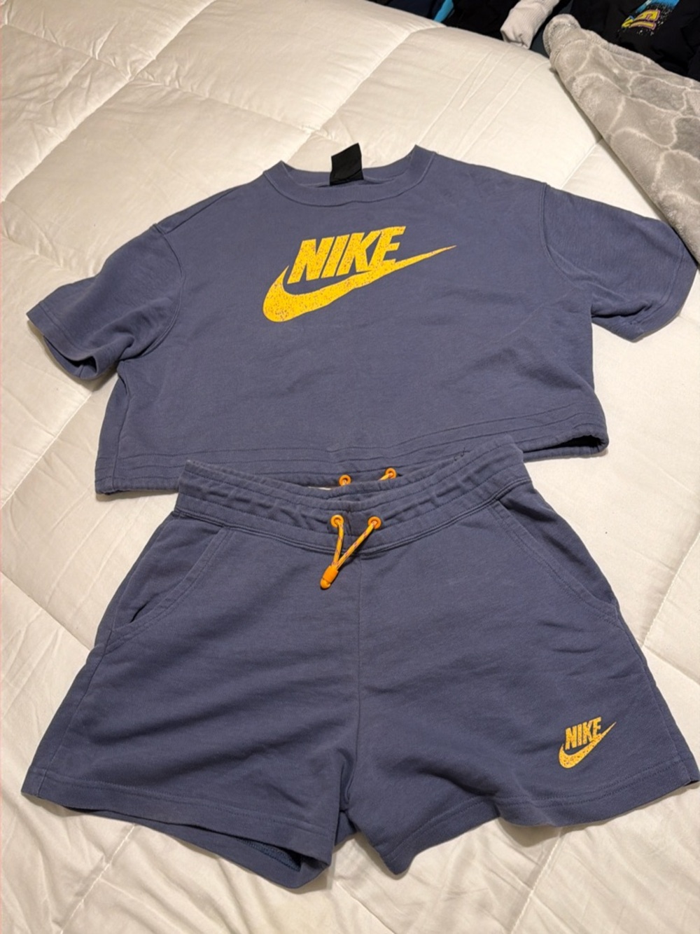 Nike Blue Cropped Tee and Shorts Set with Yellow Logo
